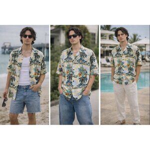 Aloha Hut Men’s Hawaiian Shirt L – Tropical Print, Y2K Dadcore, Resort Vibes